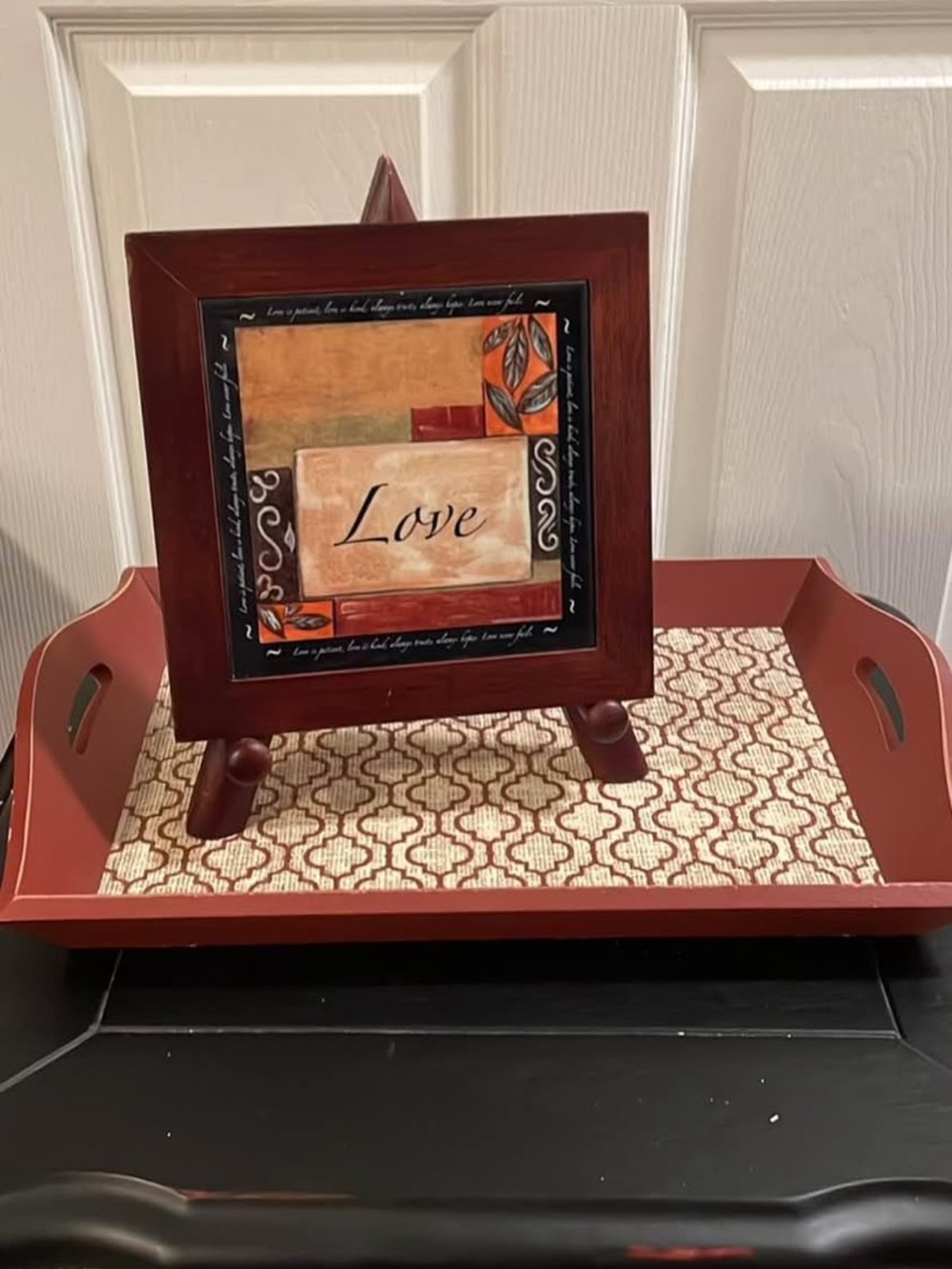 Rust Red Decorative Serving Tray with 'Love' Art Frame